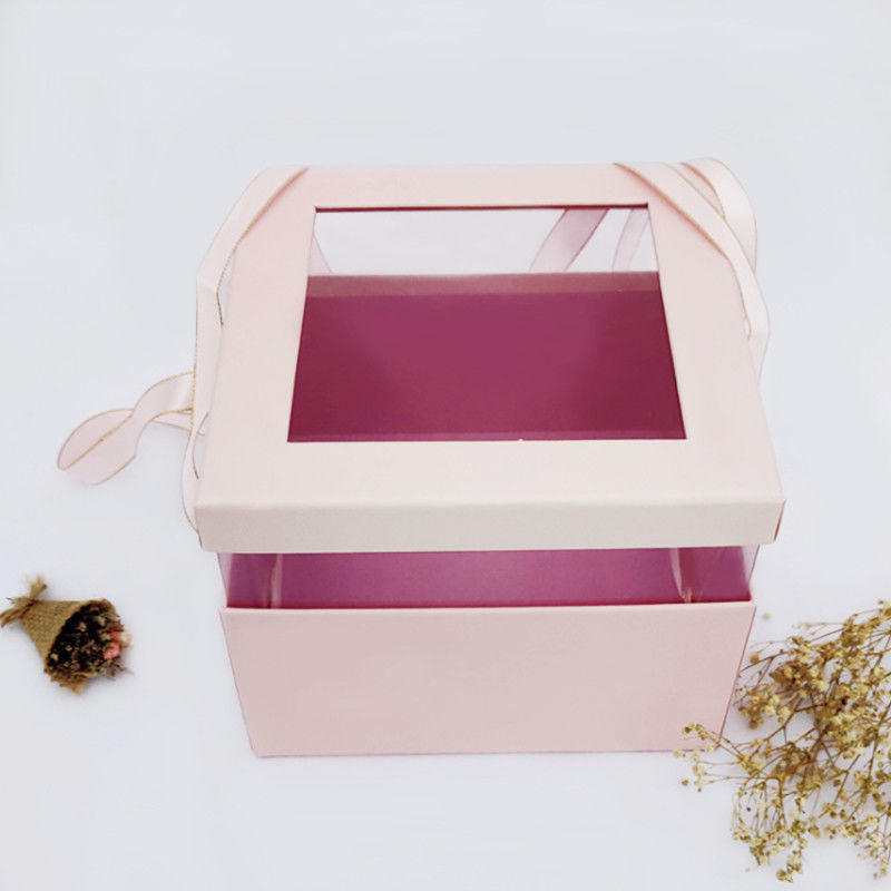 Embossing Woodfree Cardboard Flower Cake Box With Bow Ribbon
