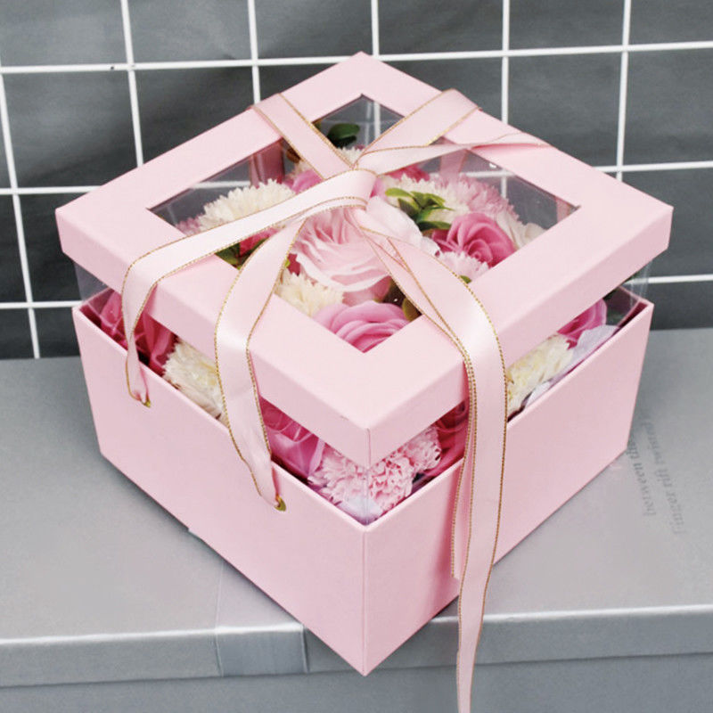 Embossing Woodfree Cardboard Flower Cake Box With Bow Ribbon