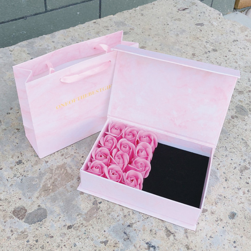 Custom Square textured big flower pink Gift Packaging Box For Flowers And Square Pink Velvet Flower book shape Box